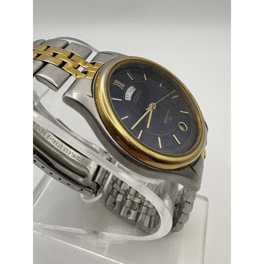 Vintage Seiko Sports 50 Day Date Blue Dial Watch 7N43-9A00 Two Tone RUNNING